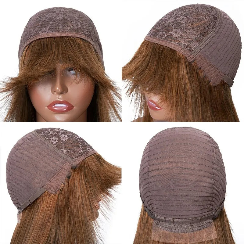 Dark Brown Color Glueless Wigs With Bang Straight Hair Fall Color Wig Series 100% Human Hair