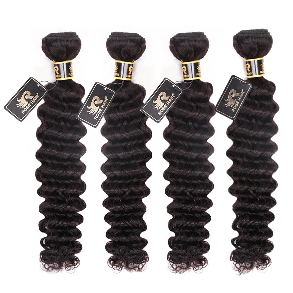10A Grade Brazilian 4 Bundles Deep Wave Human Virgin Hair With 13x4 Lace Frontal Pre Plucked - Rose Hair