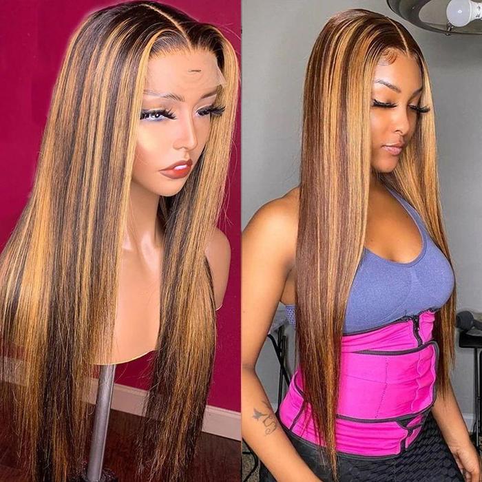 Balayage Highlights Color 13x4 Lace Frontal Wig 200% Density Straight Hair