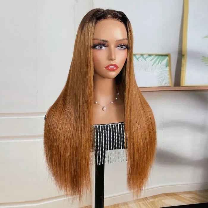 5x5 HD Lace Closure Wig Melted Hairline Dark Roots With Light Auburn Straight Body Wave