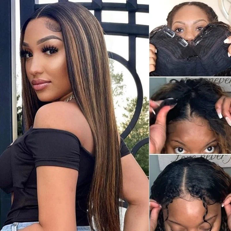 Dark Root Balayage Color U Part Wig Glueless Natural Scalp Beginner Friendly V Part Wigs
