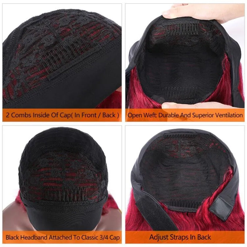 Rose Hair Glueless Headband Wig Human Virgin Hair Burgundy Red Color Hair Straight Wig Easily Install - Rose Hair