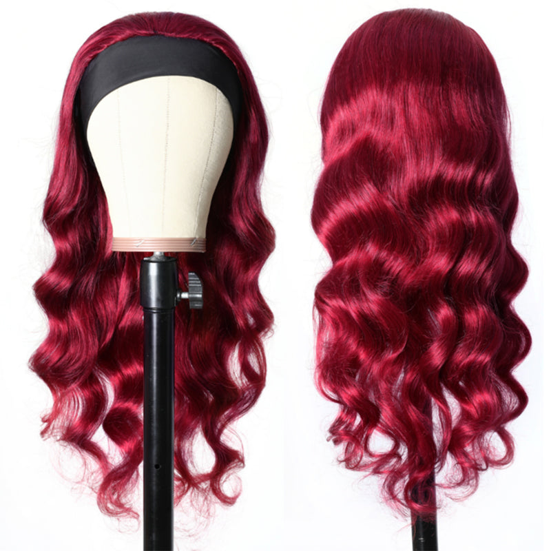 Rose Hair Glueless Headband Wig Human Virgin Hair Burgundy Red Color Hair Body Wave Wig Easily Install - Rose Hair