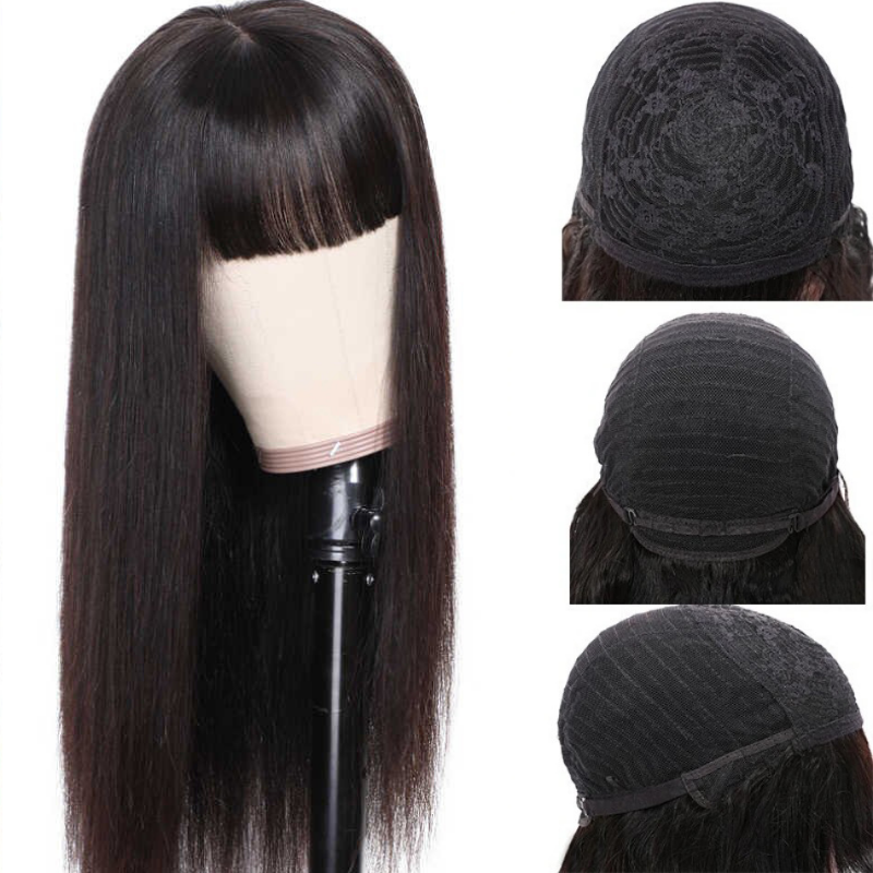 RoseHair 15A Brazilian Straight Hair Human Hair Wig With Free Part Bangs Machine Made Glueless Breathable Wig Supper Soft Affordable - Rose Hair