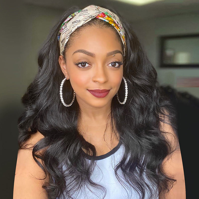 RoseHair Body Wave Headband Wig Glueless Human Hair Wig With Pre-attached Scarf Half Wig 150% Density - Rose Hair