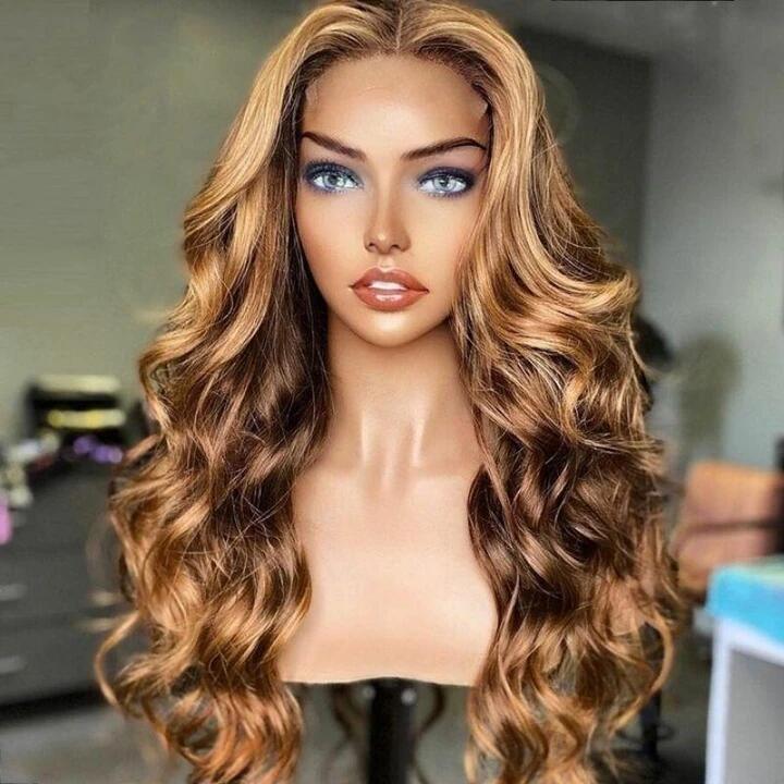 13x4 HD Lace Front Body Wave Wig Honey Blonde Piano Highlights Human Hair Wigs Free Part