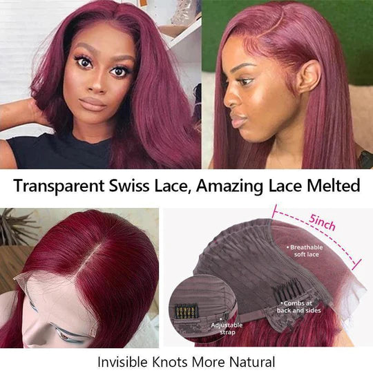 99J Colored Wigs 5x5 Lace Closure Wig Straight Body Wave Human Hair For Women