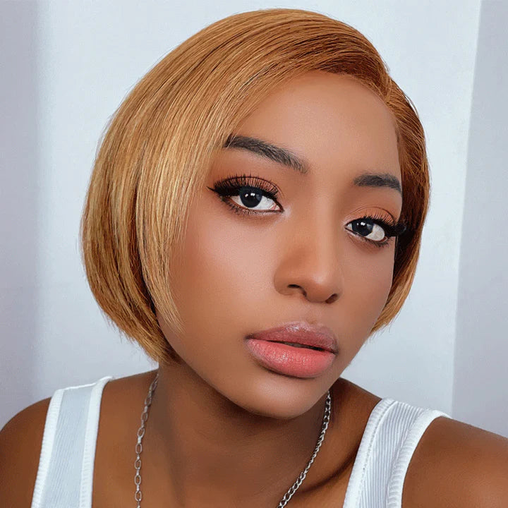 Asymmetric Short Inverted Brown with Blonde Highlights 13x4 Lace Front Bob Wig Human Hair
