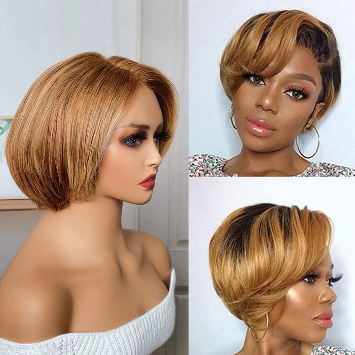 Asymmetric Short Inverted Brown with Blonde Highlights 13x4 Lace Front Bob Wig Human Hair