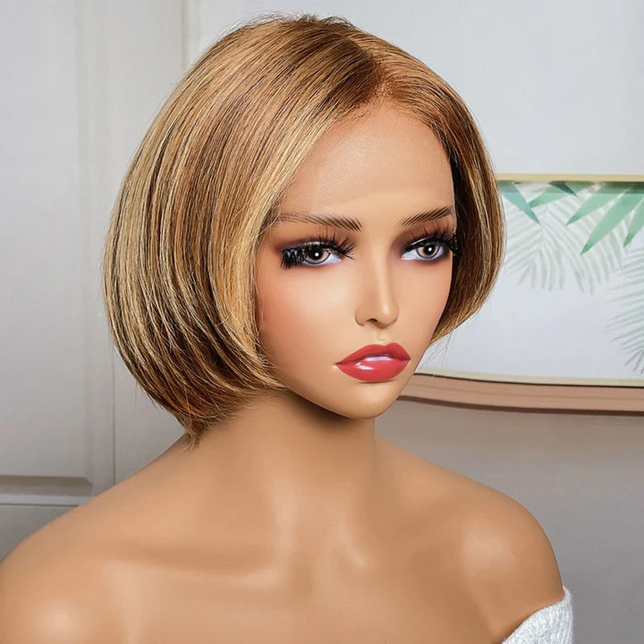 Asymmetric Short Inverted Brown with Blonde Highlights 13x4 Lace Front Bob Wig Human Hair