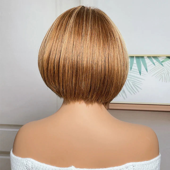 Asymmetric Short Inverted Brown with Blonde Highlights 13x4 Lace Front Bob Wig Human Hair