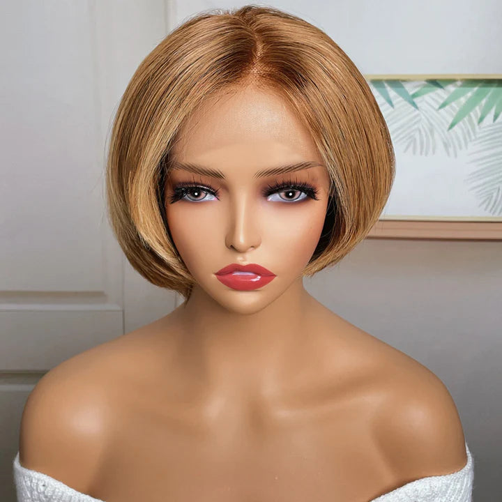 Asymmetric Short Inverted Brown with Blonde Highlights 13x4 Lace Front Bob Wig Human Hair