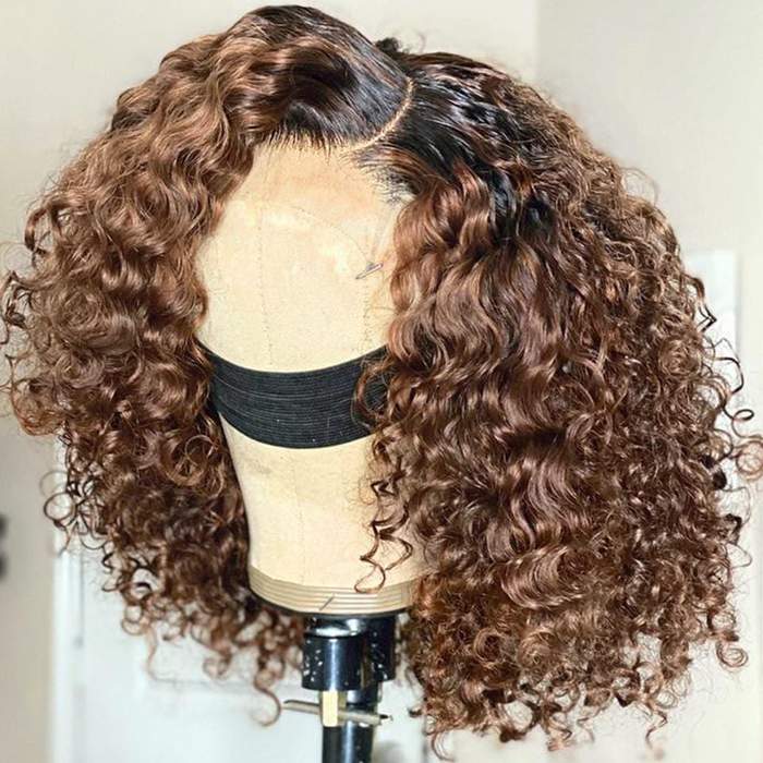 Rose Hair Dark Roots Ombre Dark Brown Voluminous Short Curly Bob Lace