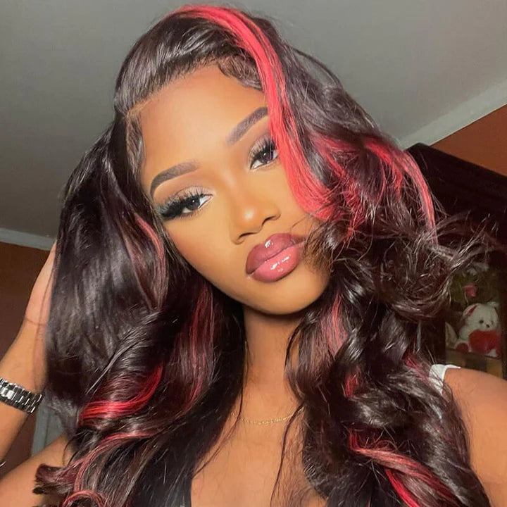 Dark Burgundy With Rose Red Highlights Body Wave 13x4 HD Lace Wigs Free Part Rose Hair