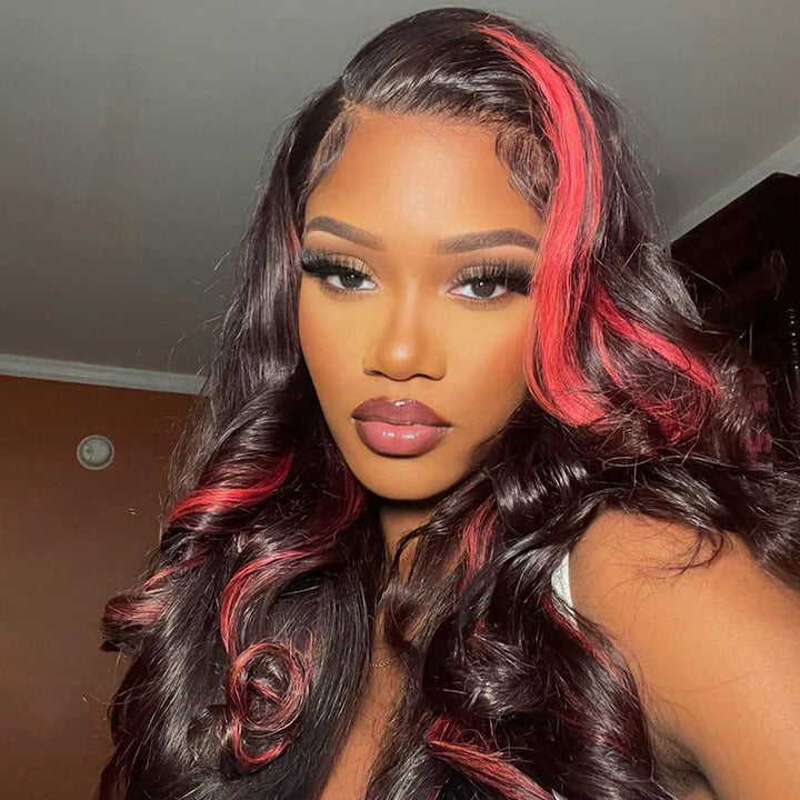 Dark Burgundy With Rose Red Highlights Body Wave 13x4 HD Lace Wigs Free Part Rose Hair