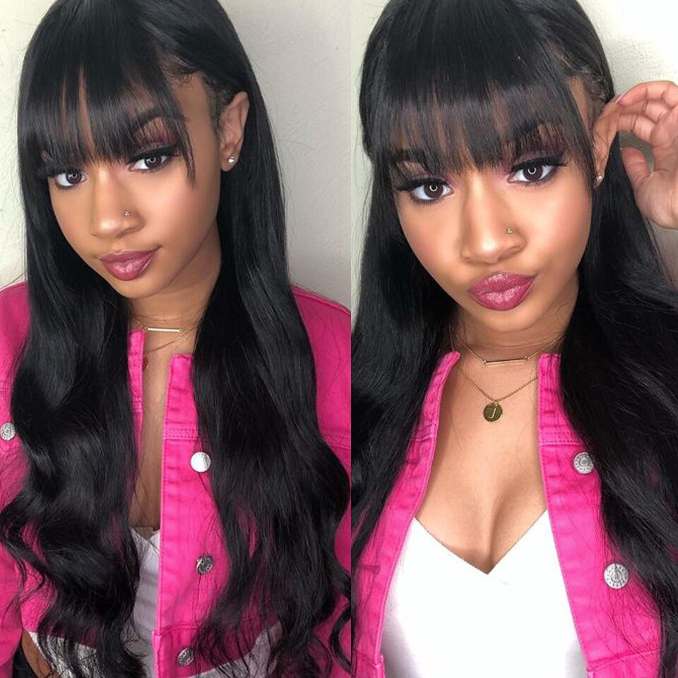 RoseHair 15A Brazilian Body Wave Human Hair Wig With Free Part Bangs Machine Made Glueless Breathable Wig Supper Soft Affordable - Rose Hair