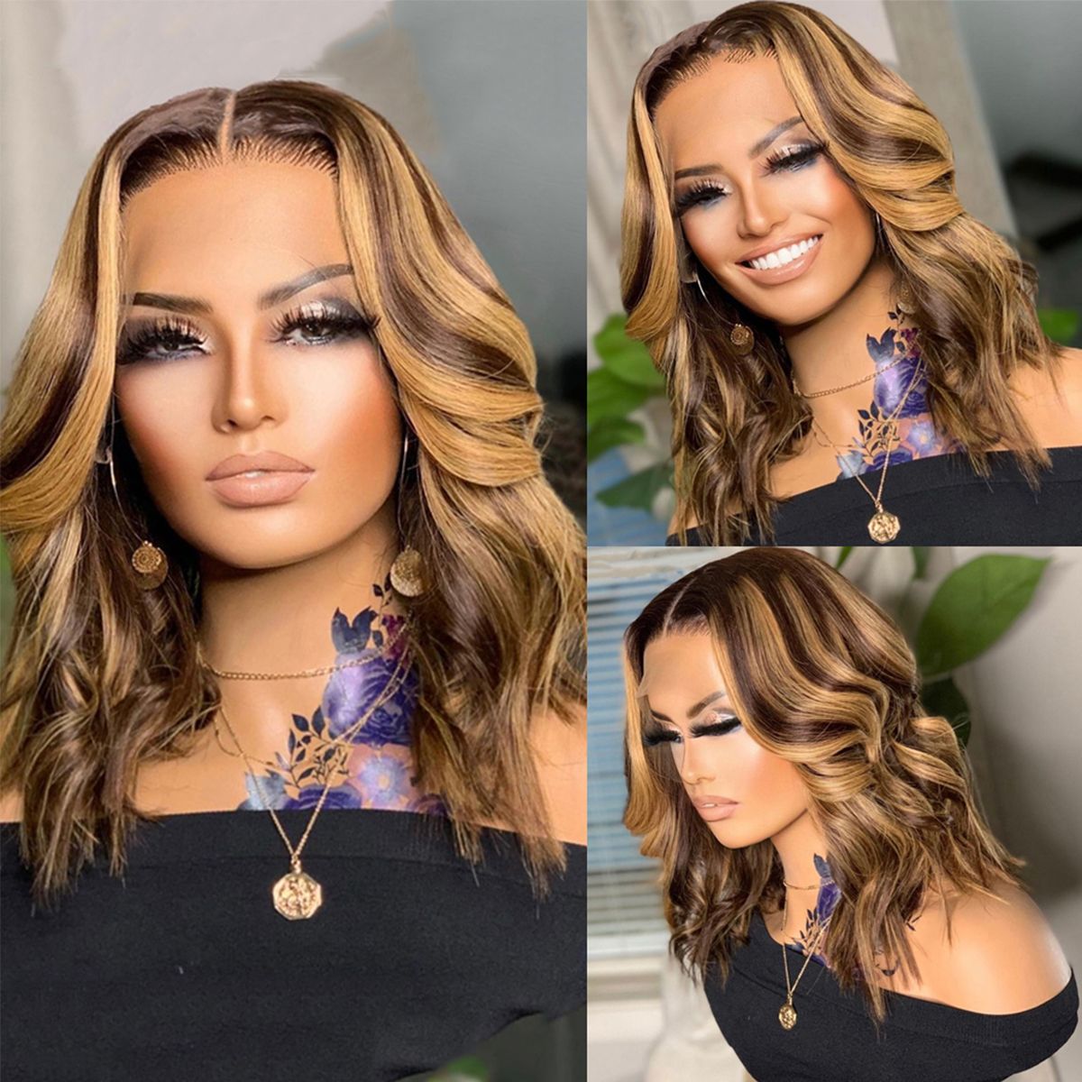 Highlight Shoulder Length Wig Body Wave 4/27 Bob Wigs Honey Blonde Lace Front Wig 180% Density