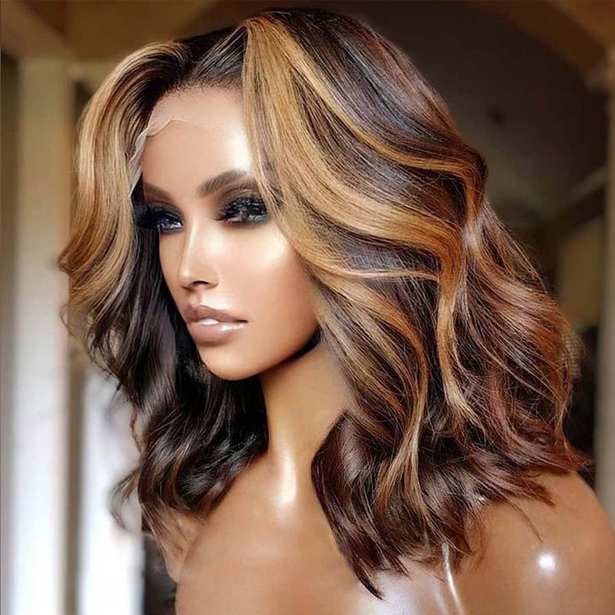 Highlight Shoulder Length Wig Body Wave 4/27 Bob Wigs Honey Blonde Lace Front Wig 180% Density