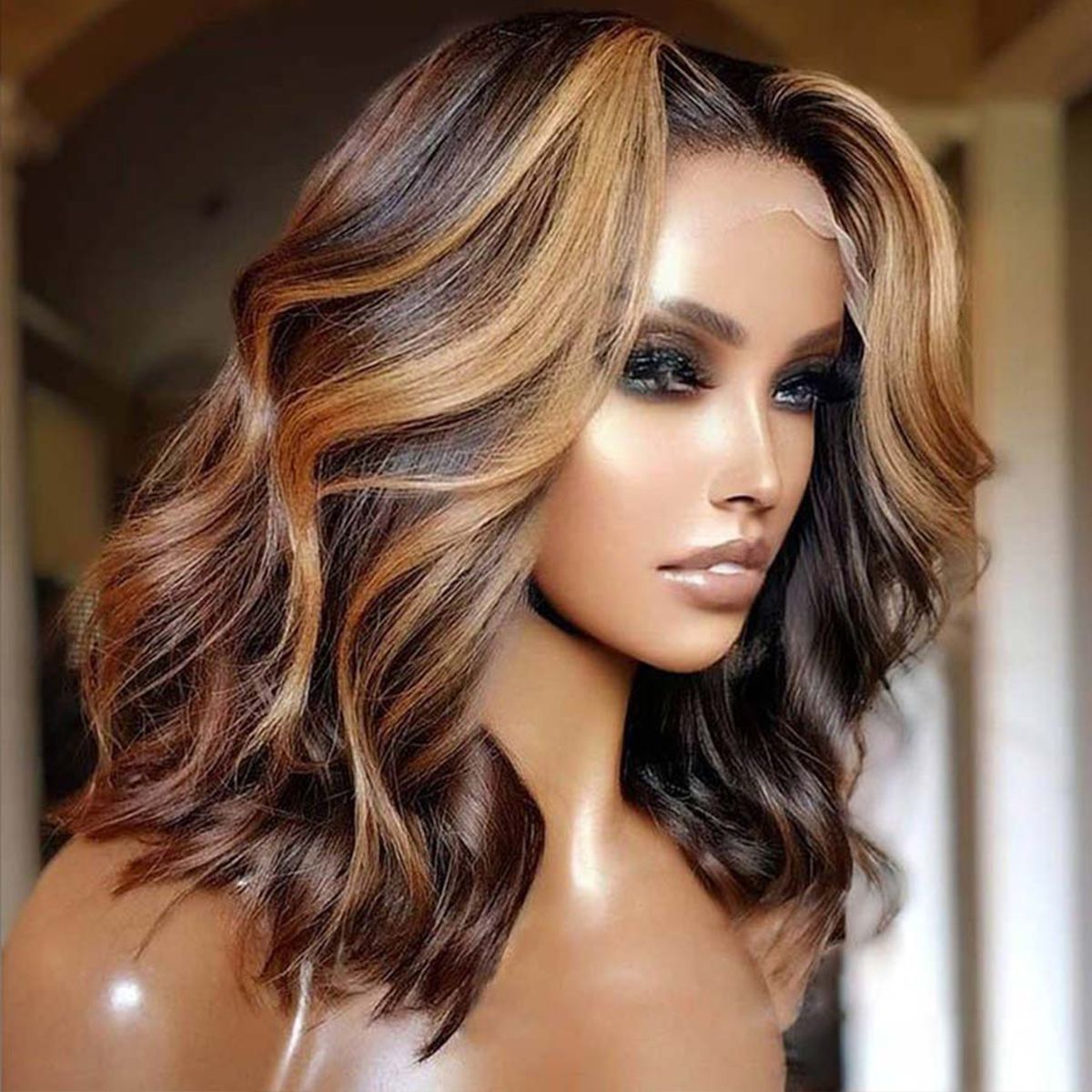 Highlight Shoulder Length Wig Body Wave 4/27 Bob Wigs Honey Blonde Lace Front Wig 180% Density