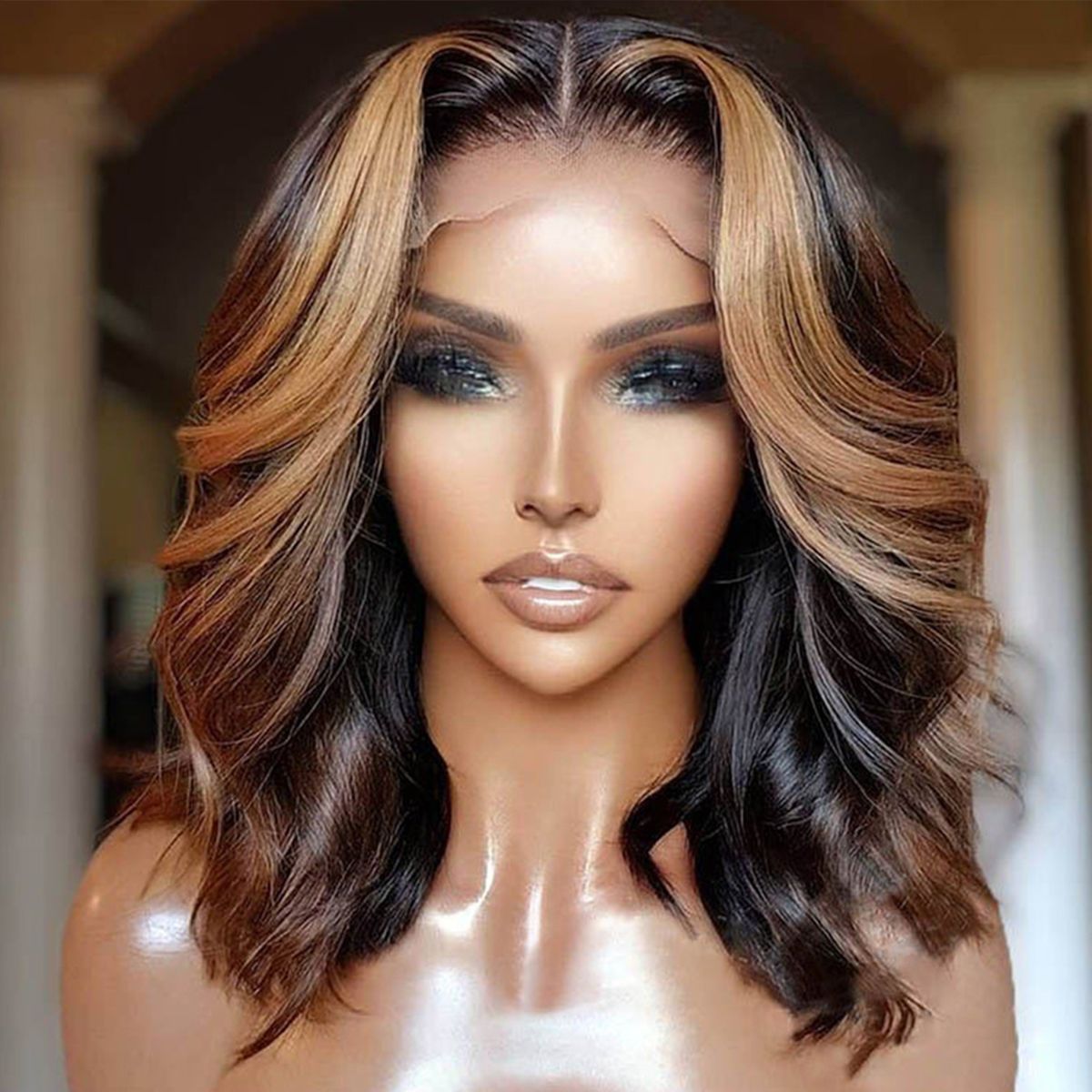 Highlight Shoulder Length Wig Body Wave 4/27 Bob Wigs Honey Blonde Lace Front Wig 180% Density