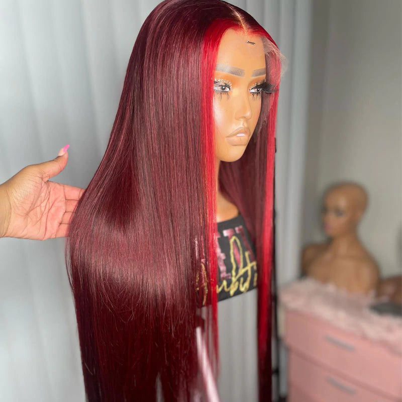 Highlight Ombre Straight Hair 99j Human Hair Wig Lace Font Wig Pre Plucked Natural Hairline