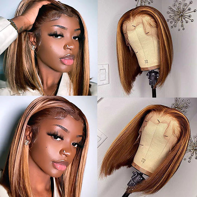 Rose Hair Honey Blonde Piano Highlights Color Straight Hair 4x4 Lace Bob Wig Human Hair Wig