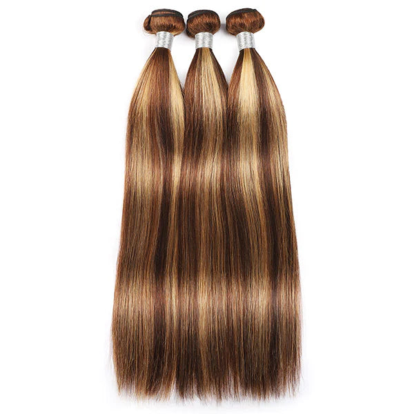 Honey Blonde Highlight Straight Human Hair Weave 3 Bundles with 4x4 Lace Closure P4/27