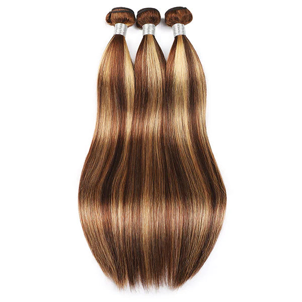 Honey Blonde Highlight Straight Human Hair Weave 3 Bundles with 4x4 Lace Closure P4/27