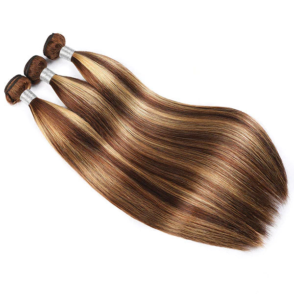 Honey Blonde Highlight Straight Human Hair Weave 3 Bundles with 4x4 Lace Closure P4/27