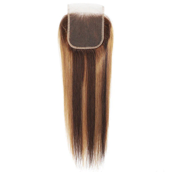 Honey Blonde Highlight Straight Human Hair Weave 3 Bundles with 4x4 Lace Closure P4/27