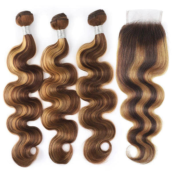 Highlight Honey Blonde Hair with Closure Brazilian Body Wave Human Hair 3 Bundles with 4x4 Lace Closure P4/27