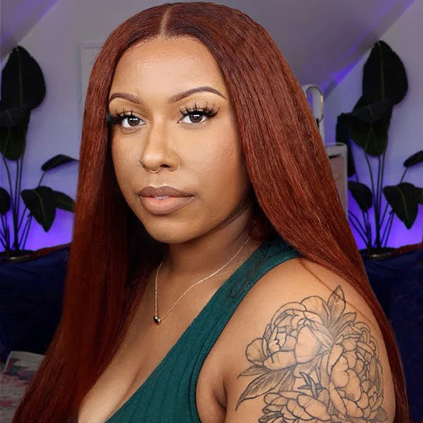 Kinky Straight Reddish Brown Lace Front Wig Human Hair Auburn Copper Color for Women