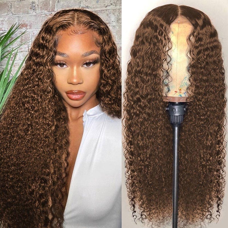 Jerry Curly Chocolate Brown Colored Middle Part 4x4 Lace Closure 150% Density Human Hair Wigs For Women