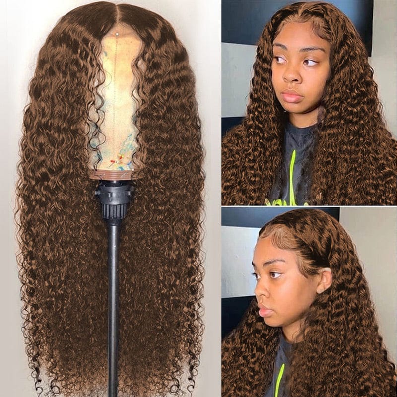 Jerry Curly Chocolate Brown Colored Middle Part 4x4 Lace Closure 150% Density Human Hair Wigs For Women