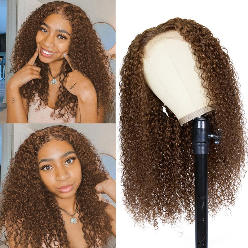 Jerry Curly Chocolate Brown Colored Middle Part 4x4 Lace Closure 150% Density Human Hair Wigs For Women