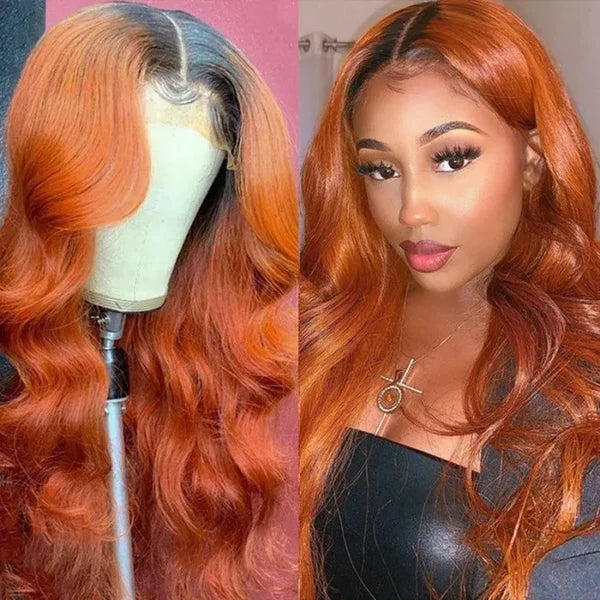 Rose Hair Dark Roots Cinnamon Brunette 13x4 Lace Frontal Wig Body Wave Human Hair