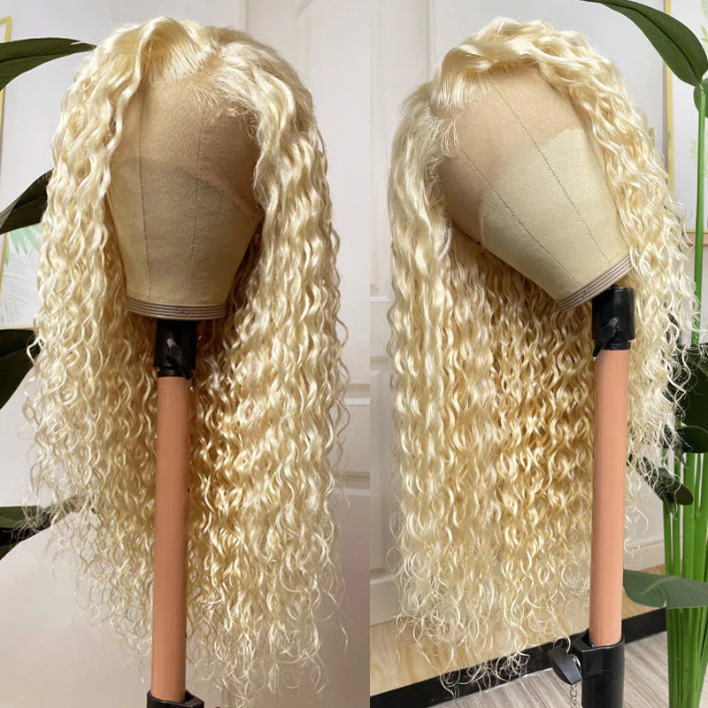 Honey Blonde 613 Color Water Wave 13x4 Lace Frontal Wig Wet and Wavy Virgin Human Hair