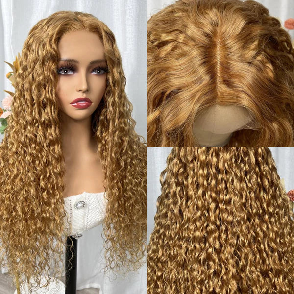 Honey Blonde Water Wave 13x4 Lace Front Wig 100% Human Hair Wigs Light Brown Color