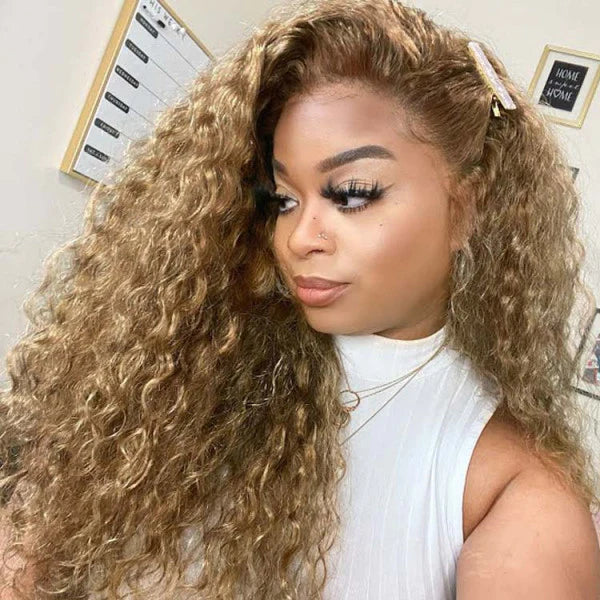 Honey Blonde Water Wave 13x4 Lace Front Wig 100% Human Hair Wigs Light Brown Color