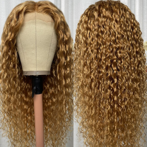 Honey Blonde Water Wave 13x4 Lace Front Wig 100% Human Hair Wigs Light Brown Color