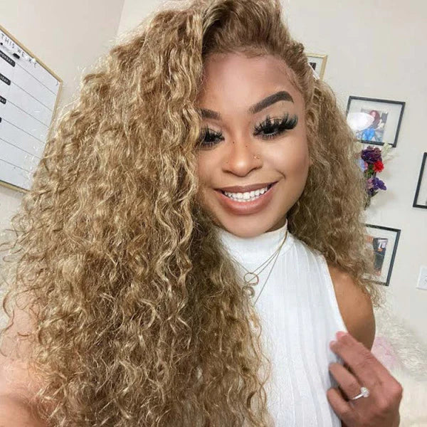 Honey Blonde Water Wave 13x4 Lace Front Wig 100% Human Hair Wigs Light Brown Color