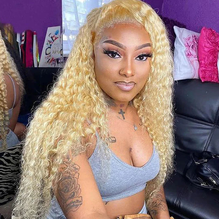 Honey Blonde Color 613 Jerry Curl 13x4 Lace Frontal Wig Pre Plucked for Women 150% Density