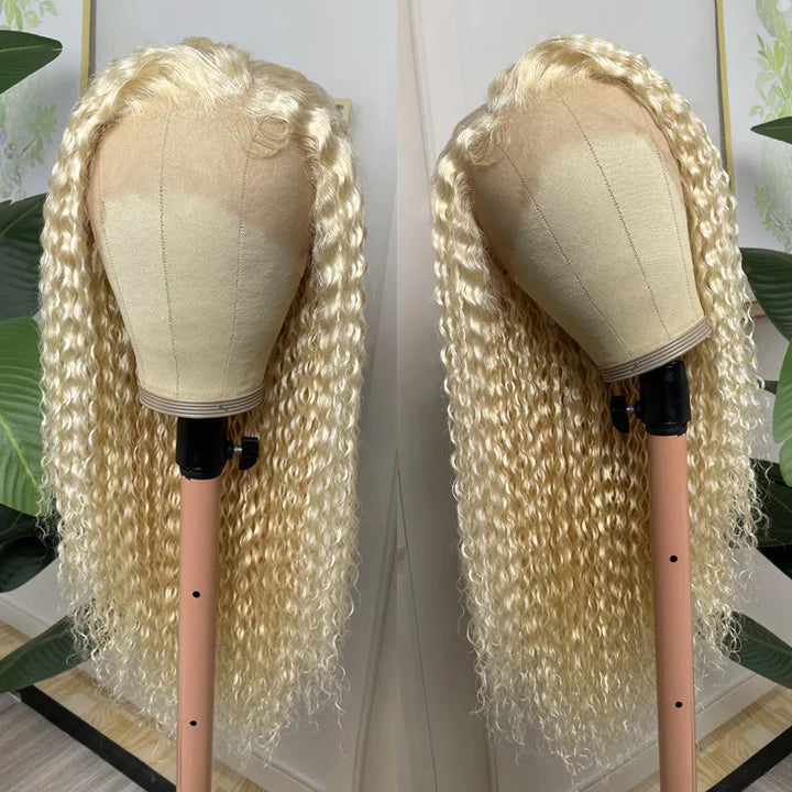 Honey Blonde Color 613 Jerry Curl 13x4 Lace Frontal Wig Pre Plucked for Women 150% Density