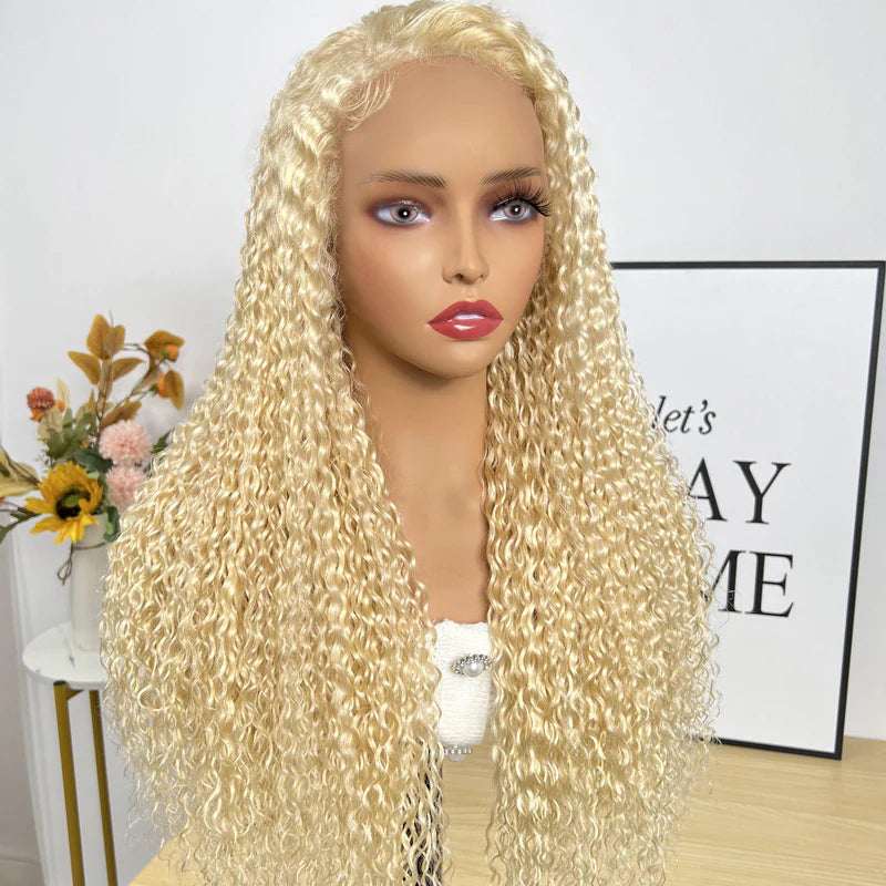 Honey Blonde Color 613 Jerry Curl 13x4 Lace Frontal Wig Pre Plucked for Women 150% Density