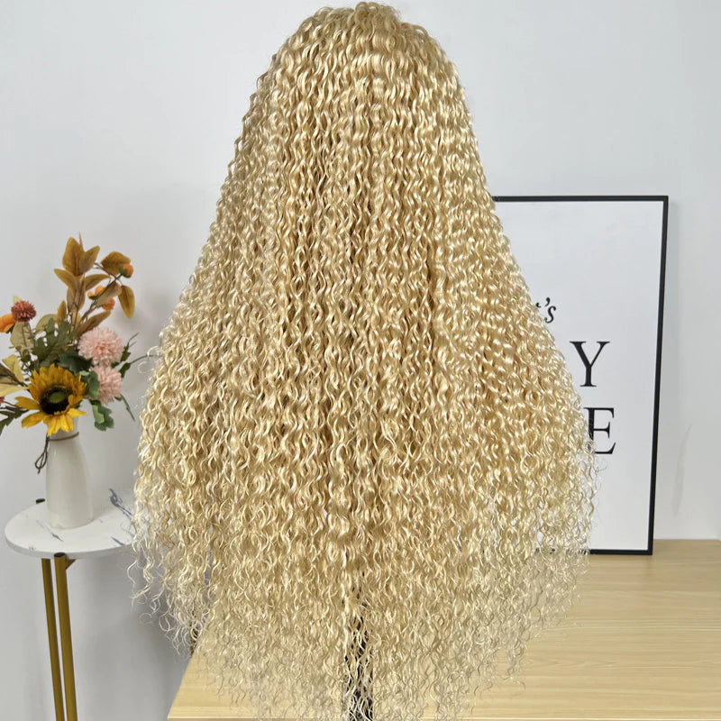 Honey Blonde Color 613 Jerry Curl 13x4 Lace Frontal Wig Pre Plucked for Women 150% Density
