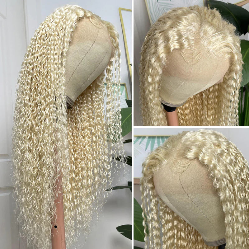 Honey Blonde Color 613 Jerry Curl 13x4 Lace Frontal Wig Pre Plucked for Women 150% Density