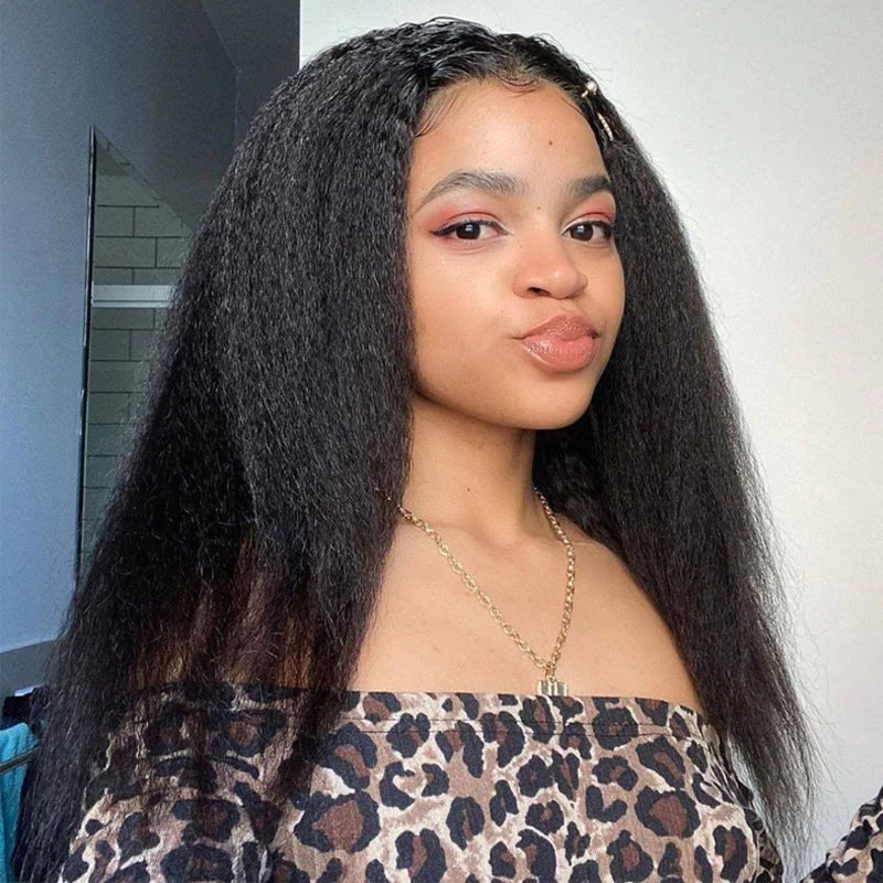 Kinky Straight 13x4 Lace Front Wigs Human Hair Natural Black 180% Density