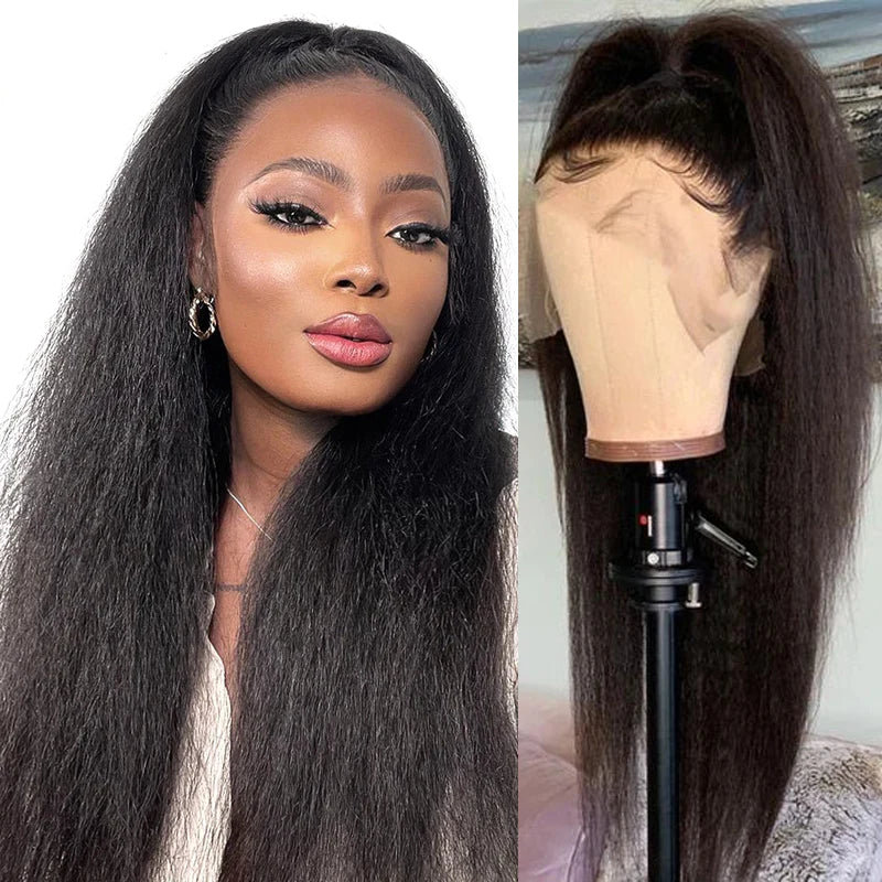 Kinky Straight 13x4 Lace Front Wigs Human Hair Natural Black 180% Density