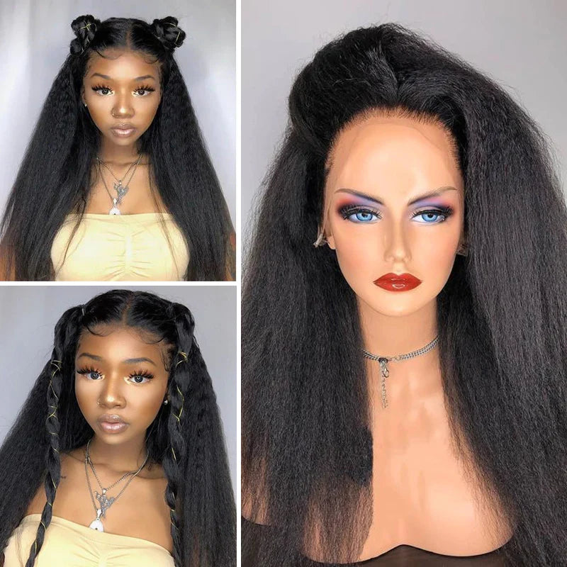 Kinky Straight 13x4 Lace Front Wigs Human Hair Natural Black 180% Density