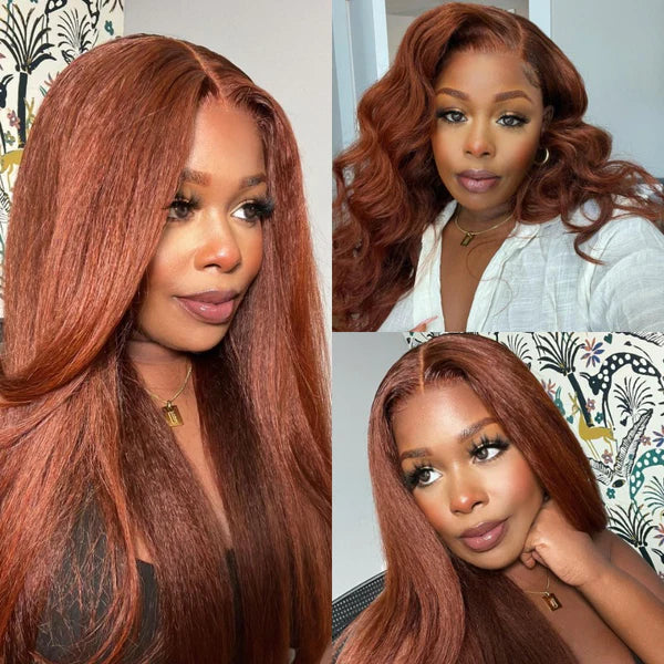 Kinky Straight Reddish Brown Lace Front Wig Human Hair Auburn Copper Color for Women